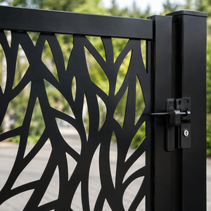 Puerta de jardín metálica moderna con diseño de hojas negras, decorativa, cortada con láser, de seguridad, para entrada de villas, uso exterior, resistente. - Product Image 3