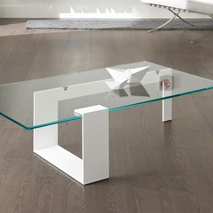Luxury Tempered Glass <b>Coffee</b> <b>Table</b> with Geometric <b>White</b> Metal Frame Modern Rectangle Cocktail <b>Table</b> - Product Image 5