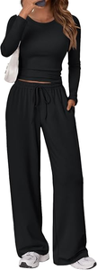 <b>Women</b> 2 Piece Yoga Set Off Shoulder Crop <b>Top</b> With Wide Leg Pants Solid Color Breathable Drawstring Waist High Waisted - Product Image 2
