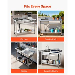 Lavello Commerciale Monoblocco Autoportante in Acciaio Inossidabile con Rubinetto per Cucina, Lavello Utilitario Destro per Banco da Lavoro - Product Image 4