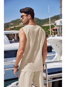 Mens Raw <b>Linen</b> Lace Up Tunic & Tailored Short Set This <b>two</b> <b>piece</b> ensemble features a sleeveless tunic - Product Image 2