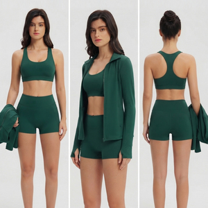 Women Yoga Wear 3 Piece Shorts Set Turn Down Training <b>Jacket</b> Racerback Bra Mid Waist Shorts Ladies <b>Workout</b> Wear Shorts 3 Pcs - Product Image 6