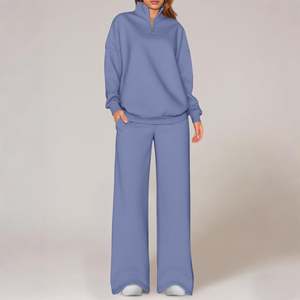 Wholesale OEM Made Women's 2 Piece Outfits Long Sleeve Oversized Half <b>Zip</b> Sweatshirt Wide Leg Jogger Pants Terry Fabric - Product Image 3