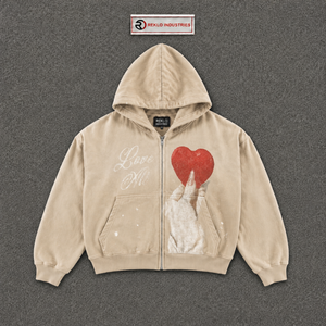 Sudadera con capucha y cremallera PREMIUM BEIGE STREETWEAR LOVE HEART con estampado de corazón y texto 'Love Me', sudadera informal extragrande con diseño de logotipo frontal - Product Image 5