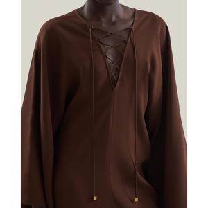 Vestido de Fiesta A-Line Marrón Natural de Algodón/Poliéster con Cuello V Cruzado, Manga Larga, Lazo Cruzado, Largo hasta la Rodilla, Cintura Baja, Venta al por Mayor - Product Image 6