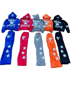 Personalizado de gran tamaño lavado con ácido acampanados pantalones de chándal Zip Hoodie Set desgastado bordado de talla grande Rhinestone parche bolsillo capucha - Product Image 6
