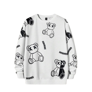 Sweat-shirt unisexe blanc à imprimé ours de dessin animé, coupe oversize, streetwear, col rond, en coton tricoté, pour l'automne - Product Image 1