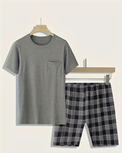 Men Solid Gray Crew Neck T-Shirt Set with Shorts Breathable Knitted Casual Summer Pajama Outfit Polyester/Cotton - Product Image 1
