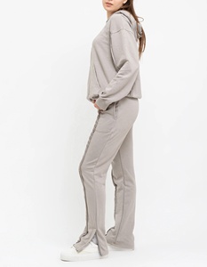 Women's Gray Hooded Tracksuit Set Full Sleeve Solid Color Casual Split Hem <b>Pants</b> With Side Pockets Breathable - Product Image 4