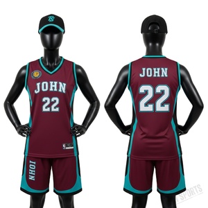 Uniforme de basket-ball pour femmes, 160 GSM, maille polyester respirante, panneaux latéraux bordeaux et turquoise, sublimation, logo personnalisé, maillot d'équipe court - Product Image 1