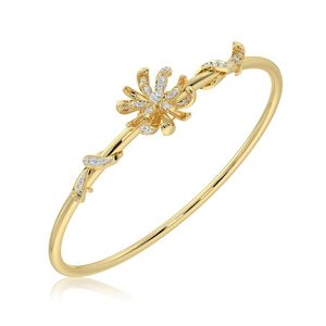 Yellow Gold Diamond <b>Flower</b> Cuff <b>Bracelet</b> Women's Romantic Everyday Wear Round Brilliant Cut Claw Setting - Product Image 2