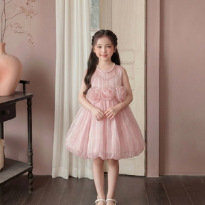 Robe de princesse lumineuse personnalisée pour bébés filles, rose poudré, col perlé, rosette 3D, tulle plissé, pour mariage ou baptême - Product Image 3