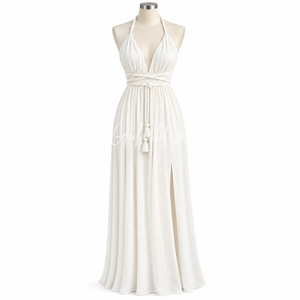 <b>White</b> Halter <b>Maxi</b> <b>Dress</b> Deep V Neck Adjustable Waist Tie Flowy Side Slit Elegant <b>Summer</b> Beach Wedding Evening Party Formal Gown - Product Image 1