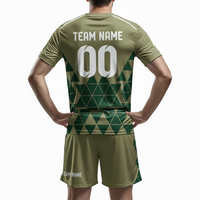 Conjunto de Camiseta de Fútbol Personalizada Verde Oliva con Patrón Geométrico, Cuello en V, Manga Corta, Absorbe la Humedad, Unisex para Adultos, Impresión Sublimada 100%