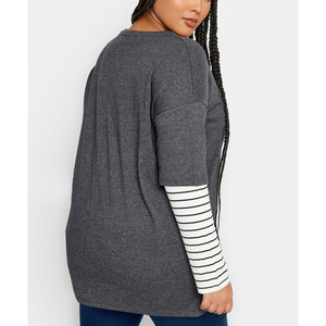 Women Double Layer T Shirt 2 In 1 Long Sleeve Layered Look Cotton Casual Loose Fit Streetwear Ladies <b>Top</b> Wholesale - Product Image 3