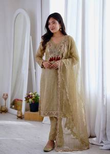 Robe Anarkali beige brodée en coton avec dupatta, tenue décontractée traditionnelle indienne et pakistanaise pour femme, coupe ample, toutes saisons - Product Image 5