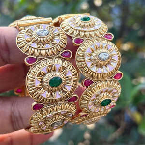 <b>Gold</b> Plated Green & Pink Pota Stone Meenakari Openable Bangle <b>Set</b> 2.4" Size Fine <b>Jewelry</b> Model 10411653PGR - Product Image 1