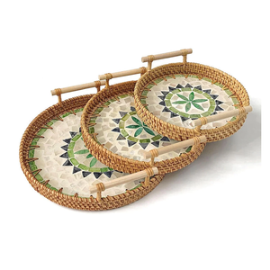 Ensemble de 3 plateaux de cuisine en nacre de haute qualité avec design en rotin pour le petit-déjeuner, plateau de rangement pour pain/en-cas - Product Image 1