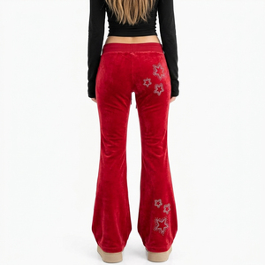 Pantalon évasé en velours rouge pour femme, style Y2K, taille basse, cordon de serrage, étoile en strass, coupe large - Product Image 2
