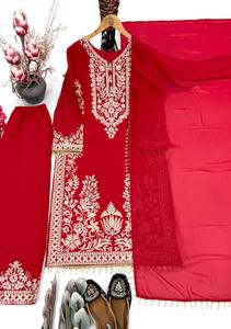 <b>Women</b> Red Silk Embroidered Long <b>Kurta</b> Palazzo Set Traditional Indian Pakistani Ethnic Wear - Product Image 4