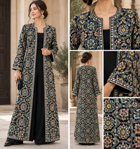 Tissu brodé floral noir avec détails en sequins pour foulards et châles pour femmes, longue veste abaya burqa koti - Product Image 5