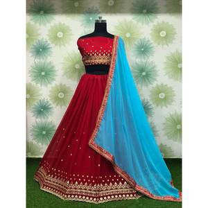 BORDADO GEORGETTE MÁS RECOGIDO TRABAJO LEHENGA CHOLI CON DUPATTA ROJO - Product Image 1