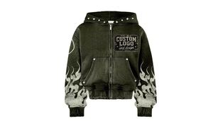 Sweat à capuche oversize en mélange de coton, coupe droite, épaules tombantes, broderie vieillie, strass, imprimé flamme, pour homme, style hip-hop en polyester - Product Image 3