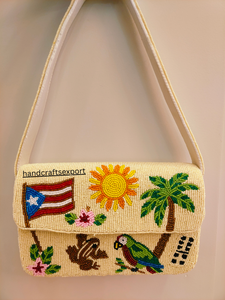 Bolso de Hombro Artesanal con Cuentas y Diseño Tropical de Palmera, Sol, Loro y Mono, Bolso de Mensajero de Moda para Mujer - Product Image 4