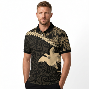 Polo pour homme noir et or à imprimé polynésien, manches courtes, décontracté, respirant, en polyester tissé, motif décoratif - Product Image 2