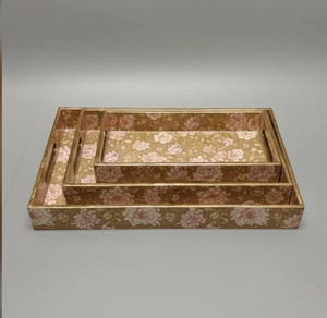 Plateaux de rangement en bois laqué oriental, rectangulaires, empilables, à double niveau, motif floral, plateau en bois meena - Product Image 1