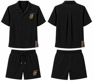 Tenues de plage d'été pour hommes, ensembles de chemises à manches courtes et shorts en lin texturé pour les vacances - Product Image 1