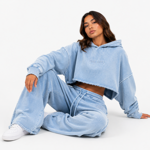Survêtement à capuche ONE APEX pour femme, coupe courte, séchage rapide, délavé à l'acide, effet usé, bleu ciel, en molleton épais, jambe large - Product Image 5