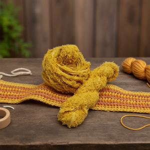 Fil de coton recyclé effet frisé - Fil textile teint à la main couleur curcuma pour tissage et travaux au crochet - Product Image 3