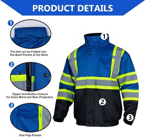 Men's High Visibility Safety <b>Jacket</b> Blue <b>Black</b> Reflective Stripes Waterproof Workwear Stand Collar Regular Fit - Product Image 2