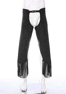 Pantalones vaqueros de cuero vintage para hombre con entrepierna abierta y flecos para fiestas temáticas del oeste y cosplay - Product Image 4