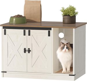 Litter <b>Box</b> Cabinet Furniture with <b>Bell</b>, Indoor Cat House, Farmhouse Style, 31.5x19.7x20.9Inches, for Hallway, Bedroom, White - Product Image 1