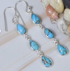 Wholesale Natural <b>Blue</b> Copper Turquoise Triple Drop <b>Earrings</b> 925 Sterling <b>Silver</b> Handmade Teardrop Copper Turquoise <b>Earring</b> - Product Image 2