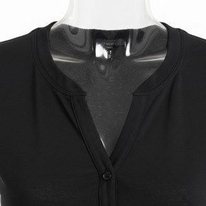 T-shirt en molleton tricoté noir à col rond et manches courtes pour femme, coupe classique, décontracté, respirant, 100 % coton, longueur normale, boutons sur le devant - Product Image 6