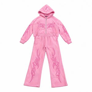 OEM Custom Vintage Streetwear <b>Hoodie</b> Sweatpants Set <b>Lightweight</b> Polyester Fleece Split Hem 2-in-1 Design Elastic Waist Unisex - Product Image 3