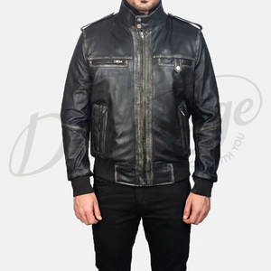 Chaqueta Bomber Negra para Hombre de Gamuza Genuina con Paneles de Cuero Acolchado en los Hombros, Cuello Alto y Ribete Acanalado - Product Image 5