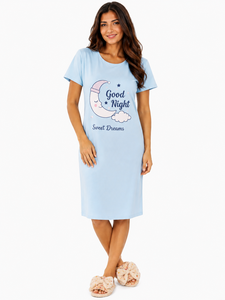 Camisón rosa de manga corta para mujer con estampado de luna, ropa de dormir de algodón suave, vestido de pijama informal de verano hasta la rodilla - Product Image 5