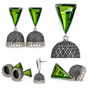 ARTS JEWELS Pendientes colgantes vintage de plata oxidada con jade verde para mujer |   Joyería de Fiesta Estilo Jhumka de Bollywood - Product Image 1