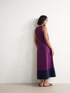 Strapless Color Block Midi <b>Dress</b> With Straight Silhouette And Contrast Hem In <b>Purple</b> And Navy For Daily Wear Beautiful <b>Dress</b> - Product Image 1