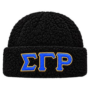 Sigma Gamma Rho Black Sherpa <b>Beanie</b> Hat with Royal Blue and Gold Greek Letter Applique Folded Cuff Soft Textured Sorority Cap - Product Image 2