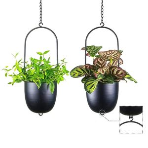 Pot de fleurs suspendu moderne en métal avec revêtement en poudre, jardinière elliptique pour plantes d'intérieur et d'extérieur, design minimaliste, couleur noire - Product Image 1