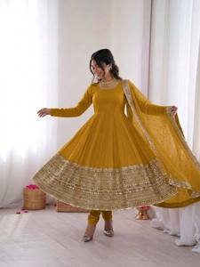 Ensemble Anarkali brodé jaune moutarde avec dupatta, longueur cheville, tenue traditionnelle indienne et pakistanaise pour femme - Product Image 3