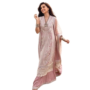 Elegante Salwar Kameez de Seda Rosa con Bordado, Largo hasta el Suelo, Traje Tradicional Indio-Pakistaní para Bodas, para Mujer - Product Image 1