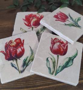 Sous-verres à fleurs de printemps, sous-verres rouges à motif floral, cadeau pour les amateurs de thé, de café et de gin - Product Image 5