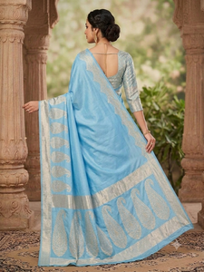 Light Blue BANARASI Silk <b>Saree</b> With Silver Zari Border And Paisley Design Traditional Indian Wedding Wear <b>For</b> <b>Women</b> - Product Image 6