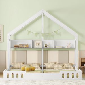 Letto a piattaforma in legno bianco crema per bambini, due letti condivisi con pratici ripiani e sponda di protezione - Product Image 3